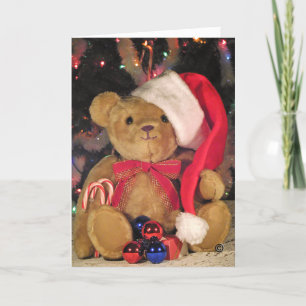 Christmas Greeting Card-Teddy Bear in red hat. Holiday Card