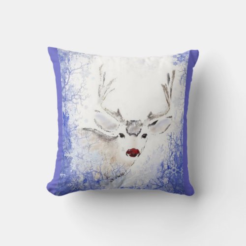 Christmas Greeting Deer Blue Snowflakes Throw Pillow