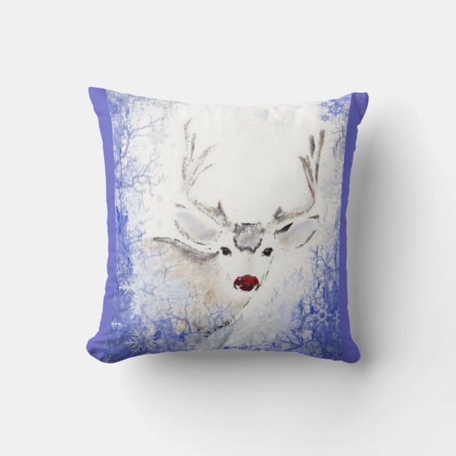 Christmas Greeting Deer Blue Snowflakes Throw Pillow (Front)