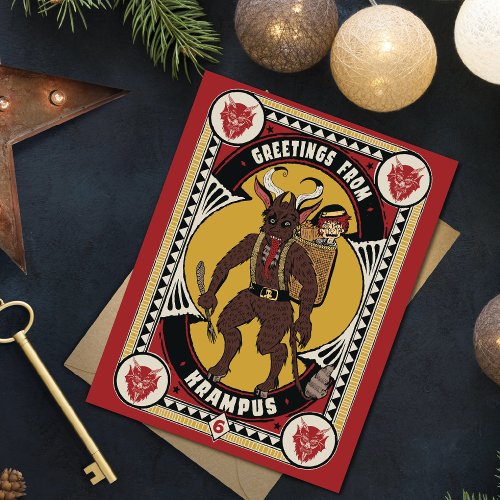 Christmas Greeting from Krampus Sign Carrying Toys Holiday Card