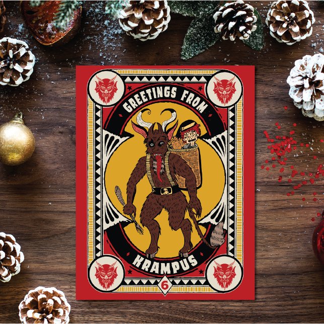 Christmas Greeting from Krampus Sign Carrying Toys Holiday Postcard (Creator Uploaded)