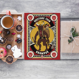 Christmas Greeting from Krampus Sign Carrying Toys Letterpress Thank You Card