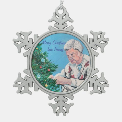 Christmas greeting from NANNYGRAMMY handpainted  Snowflake Pewter Christmas Ornament