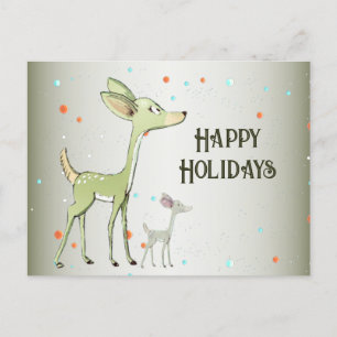 Christmas Greeting Green Deers Holidays Cute Postcard