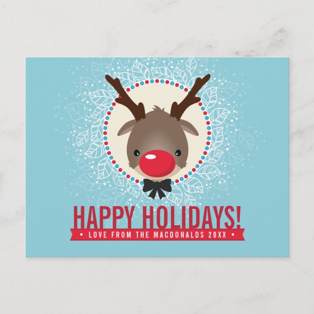 CHRISTMAS GREETING red nose reindeer rudolph blue Holiday Postcard (Front)