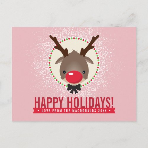 CHRISTMAS GREETING red nosed reindeer rudolph pink Holiday Postcard