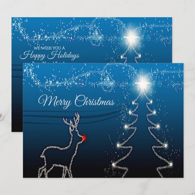 Christmas Greeting Reindeer Tree Blue Sky Shiny Holiday Card (Front/Back)