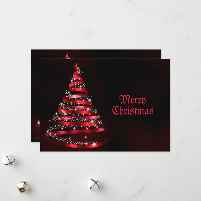 Christmas Greeting Shiny Red Ribbon Tree Sparkle Holiday Card (Front/Back In Situ)
