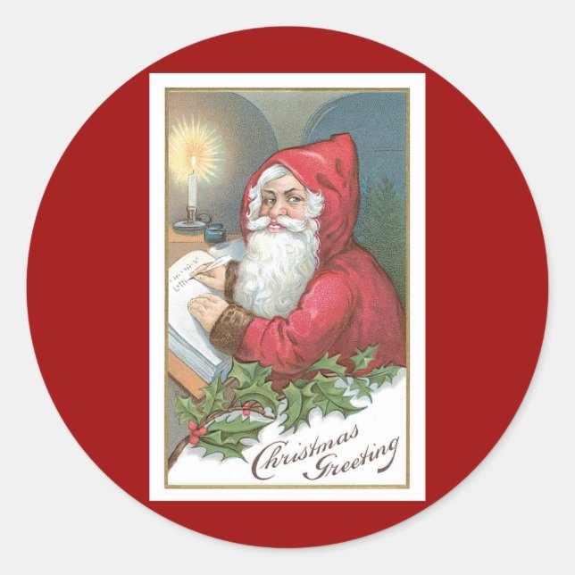 Christmas Greeting Vintage Santa Claus Classic Round Sticker (Front)