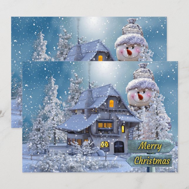 Christmas Greeting Winter White Snowman Blue  Holiday Card (Front/Back)