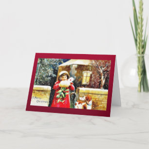 Christmas greeting with a girl opening her gift bo holiday card