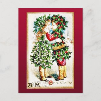Christmas Greeting With Boy And Girl Wearing Leave Holiday Postcard by RememberChristmas at Zazzle