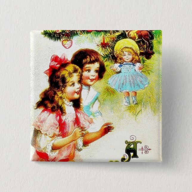 Christmas greeting with girls looking at the chris pinback button (Front)