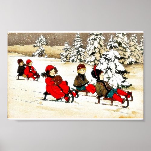 Christmas greeting with kids snow slading poster