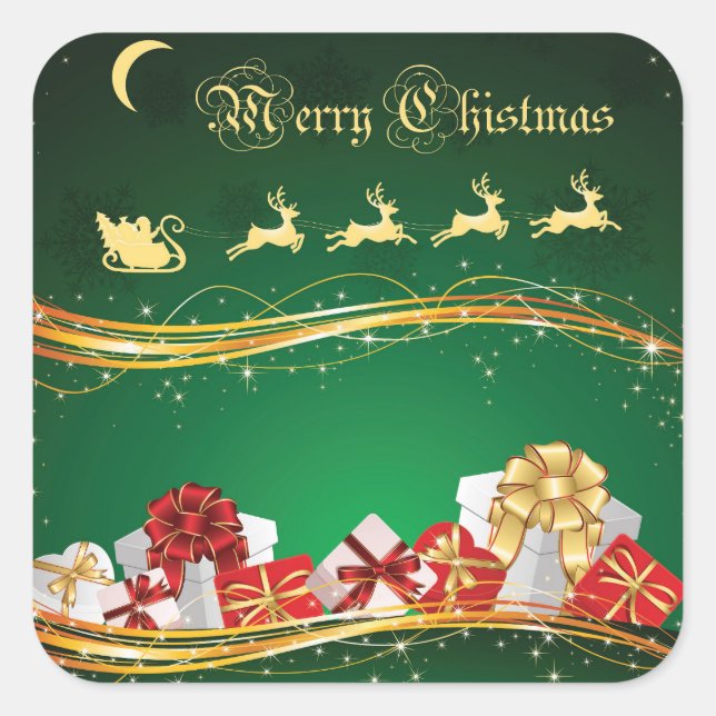 Christmas Greeting with Santa Claus & Reindeer Square Sticker (Front)