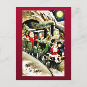 Christmas greeting with santa claus travells in a holiday postcard
