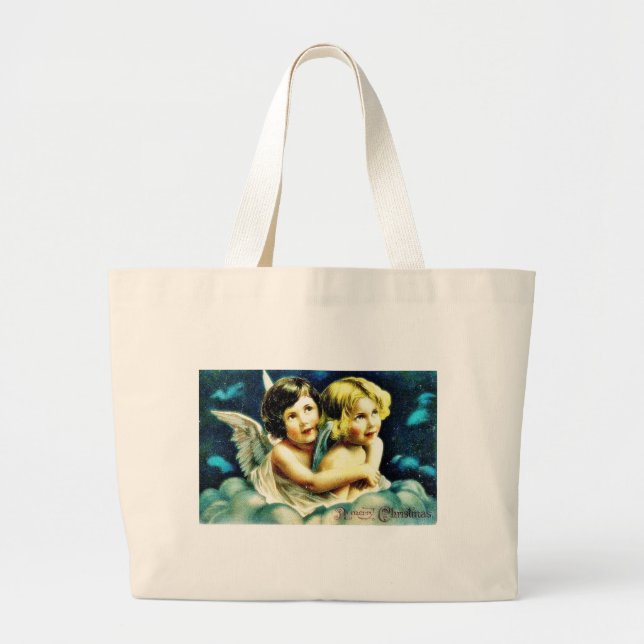 Christmas greeting with two angels huging large tote bag (Front)