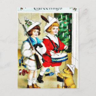 Christmas greeting with two kids, one plays drum a holiday postcard