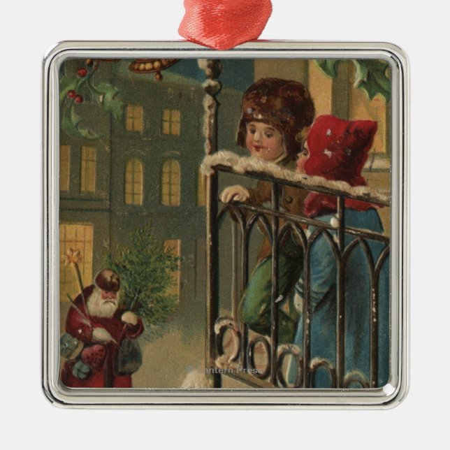 Christmas GreetingKids Watching Santa Metal Ornament (Front)