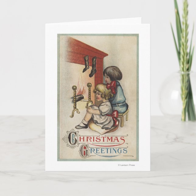 Christmas GreetingLittle Girls by Fireplace Holiday Card (Front)