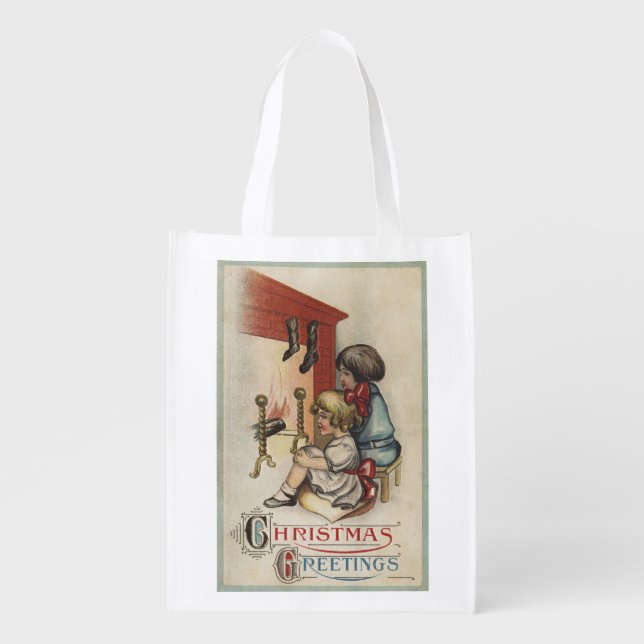 Christmas GreetingLittle Girls by Fireplace Reusable Grocery Bag (Front)