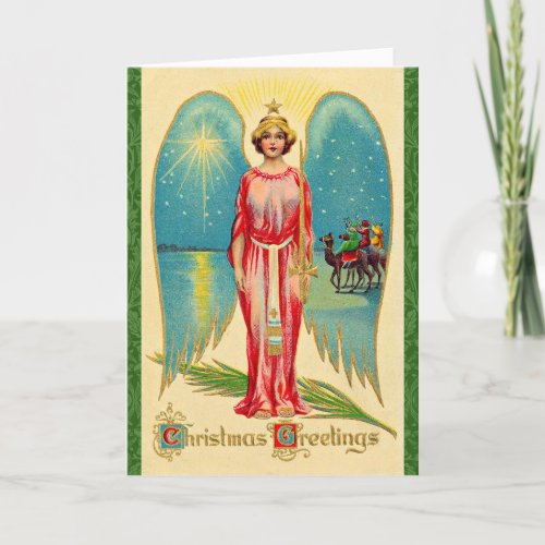 Christmas Greetings Angel With Illustrated Wings Holiday Card