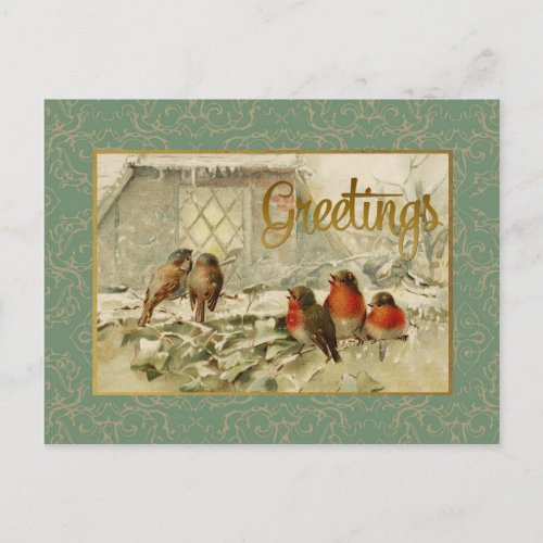 Christmas Greetings Birds Vintage Reproduction Holiday Postcard