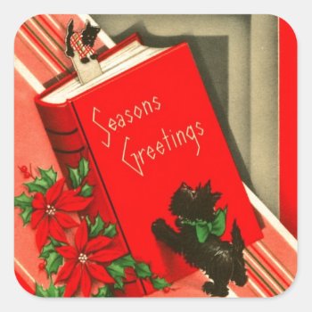 Christmas Greetings Black Scottie Dog Square Sticker by MagnoliaVintage at Zazzle