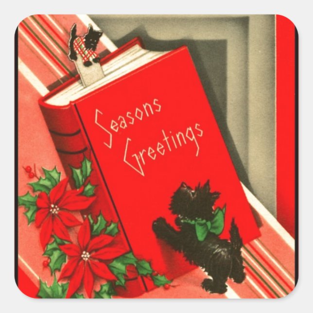 Christmas Greetings Black Scottie Dog Square Sticker (Front)