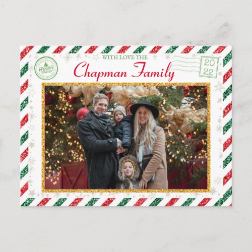 Christmas Greetings Family Photo Glitter Air Mail Postcard