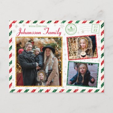 Christmas Greetings Family Photo Glitter Air Mail Postcard