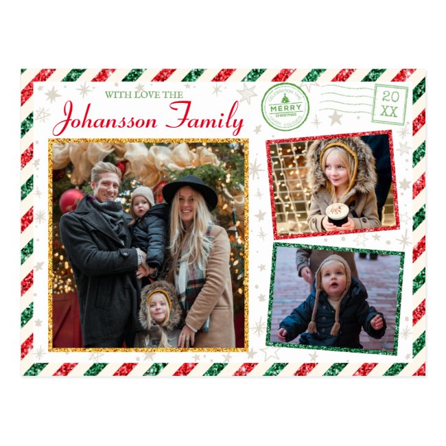 Christmas Greetings Family Photo Glitter Air Mail Postcard