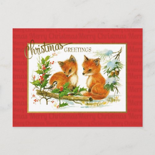 Christmas Greetings Foxes Vintage Reproduction Holiday Postcard