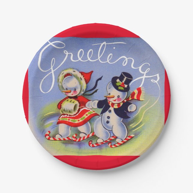 Christmas Greetings from Mr. and Mrs. Snowman Paper Plates (Front)