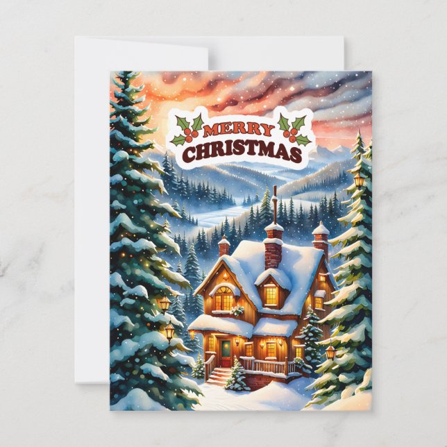 Christmas Greetings from the Snowy Mountain Cabin Holiday Card (Front)