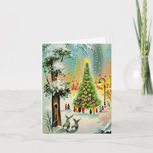 Christmas Greetings Gathering around a tree_1950 Holiday Card