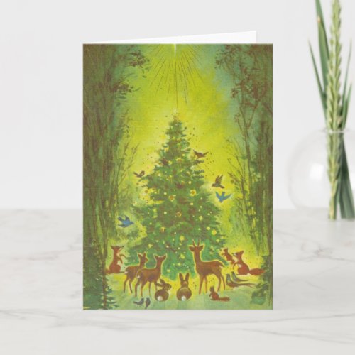 Christmas Greetings Gathering around a tree_1950 Holiday Card