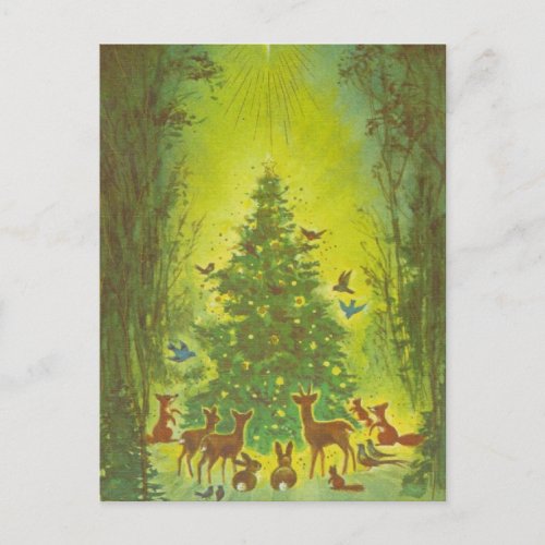 Christmas Greetings Gathering around a tree_1950 Holiday Postcard