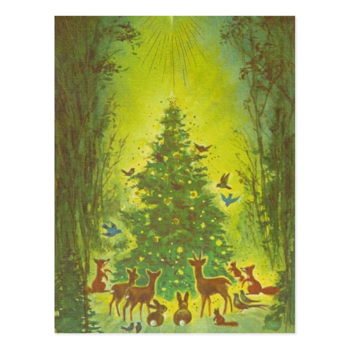 Christmas Greetings Gathering around a tree_1950 Postcards