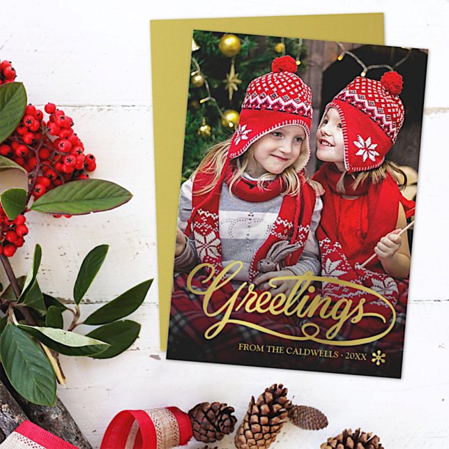 Christmas Greetings Gold Brush Script Family Photo Holiday Card (Creator Uploaded)