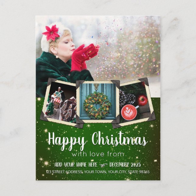 Christmas Greetings Instagram Photo Frames Green Holiday Postcard (Front)