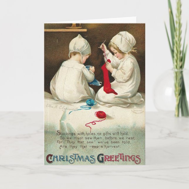 Christmas Greetings Kids Sewing Christmas Socks Holiday Card (Front)
