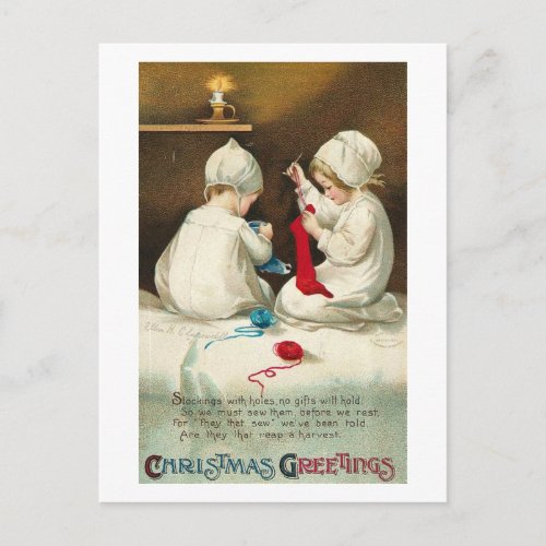 Christmas Greetings Kids Sewing Christmas Socks Holiday Postcard