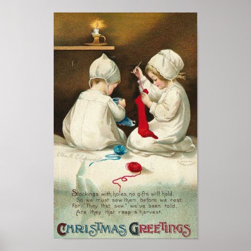 Christmas Greetings Kids Sewing Christmas Socks Poster