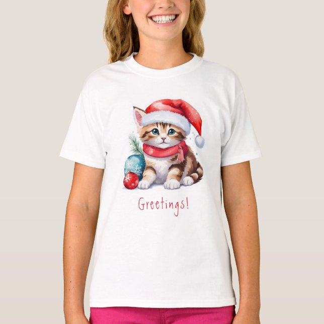 Christmas Greetings Kitten Christmas T-Shirt (Front)