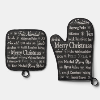 Christmas Greetings Multiple Languages Chalkboard Oven Mitt & Pot Holder Set