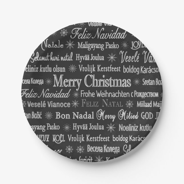 Christmas Greetings Multiple Languages Chalkboard Paper Plates (Front)