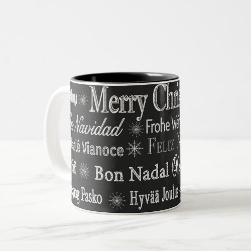 Christmas Greetings Multiple Languages Chalkboard Two_Tone Coffee Mug