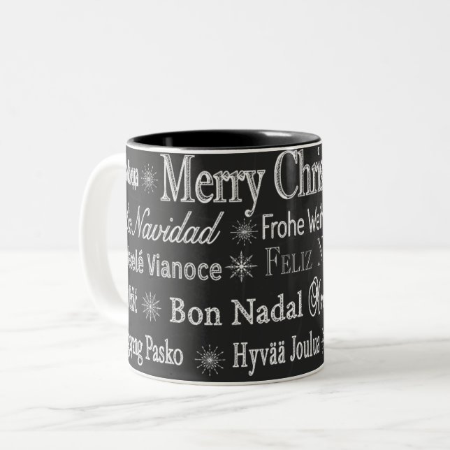 Christmas Greetings Multiple Languages Chalkboard Two-Tone Coffee Mug (Front Left)