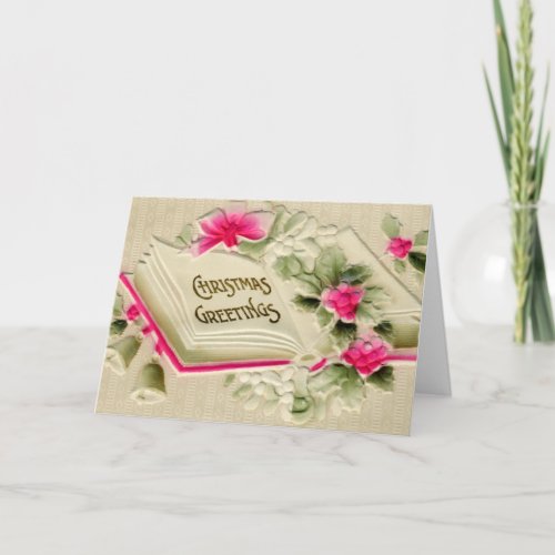 Christmas Greetings Pink Floral Embossed Holiday Card